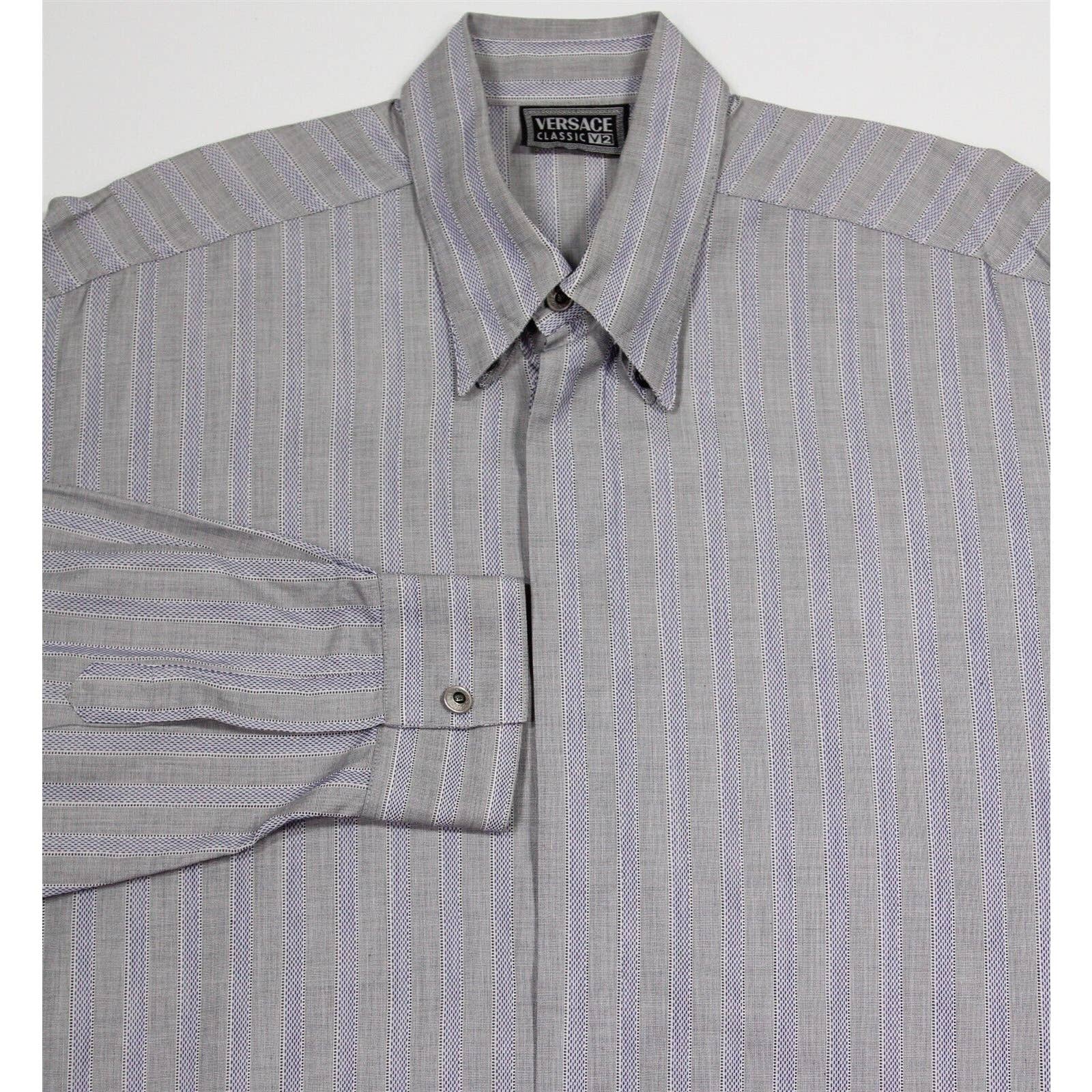 Versace Classic V2 Vintage 1990's Gray/Blue Striped Oversize Dress Shirt (41) 16